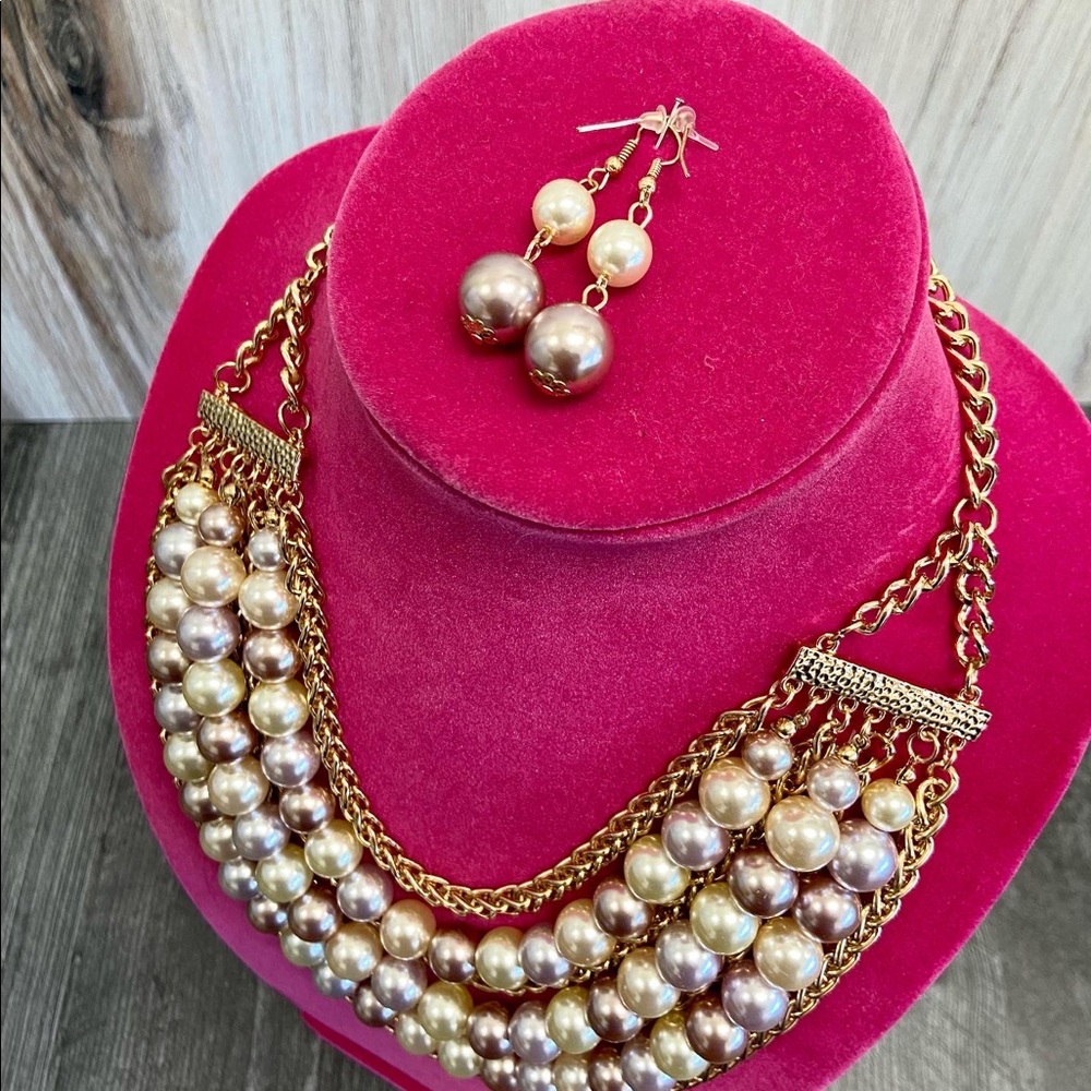 Gold pearl necklace with gold chain and gold pearl shaped earrings
